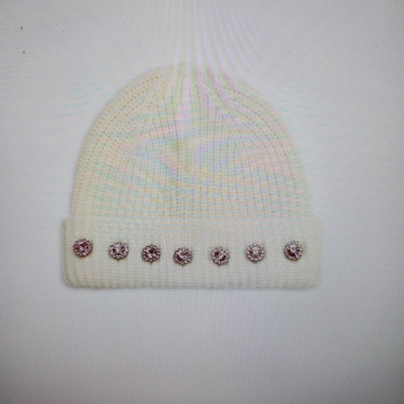 Kurt Geiger Accessories - Kurt Geiger Cream Knit Beanie with Crystal Studs NWT
